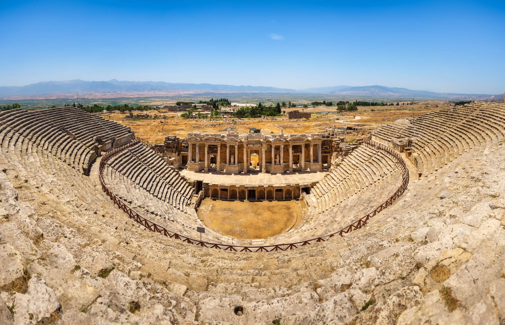 Hierapolis, Pammukale, Turkey. Ancient amphitheater. Panoramic landscape in the daytime.