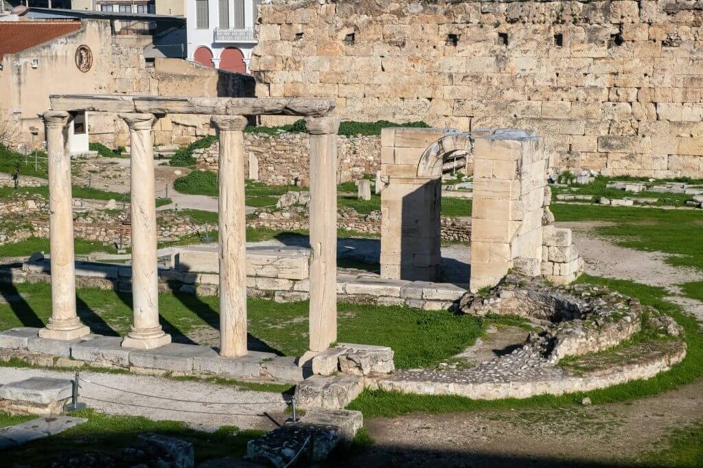 Roman Agora, Athens Greece. Stone column and wall, Ancient building remains at Plaka